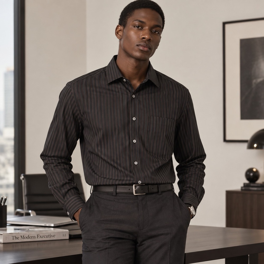 TAILORBYRD Black Stripe Button Down Men Long Sleeve Cotton Size M 15.5/31.5